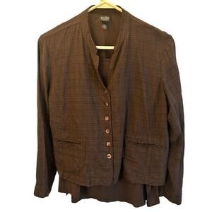 Eileen Fisher Brown Button Up Blazer Jacket Linen Blend Silk Top 2 Piece Set